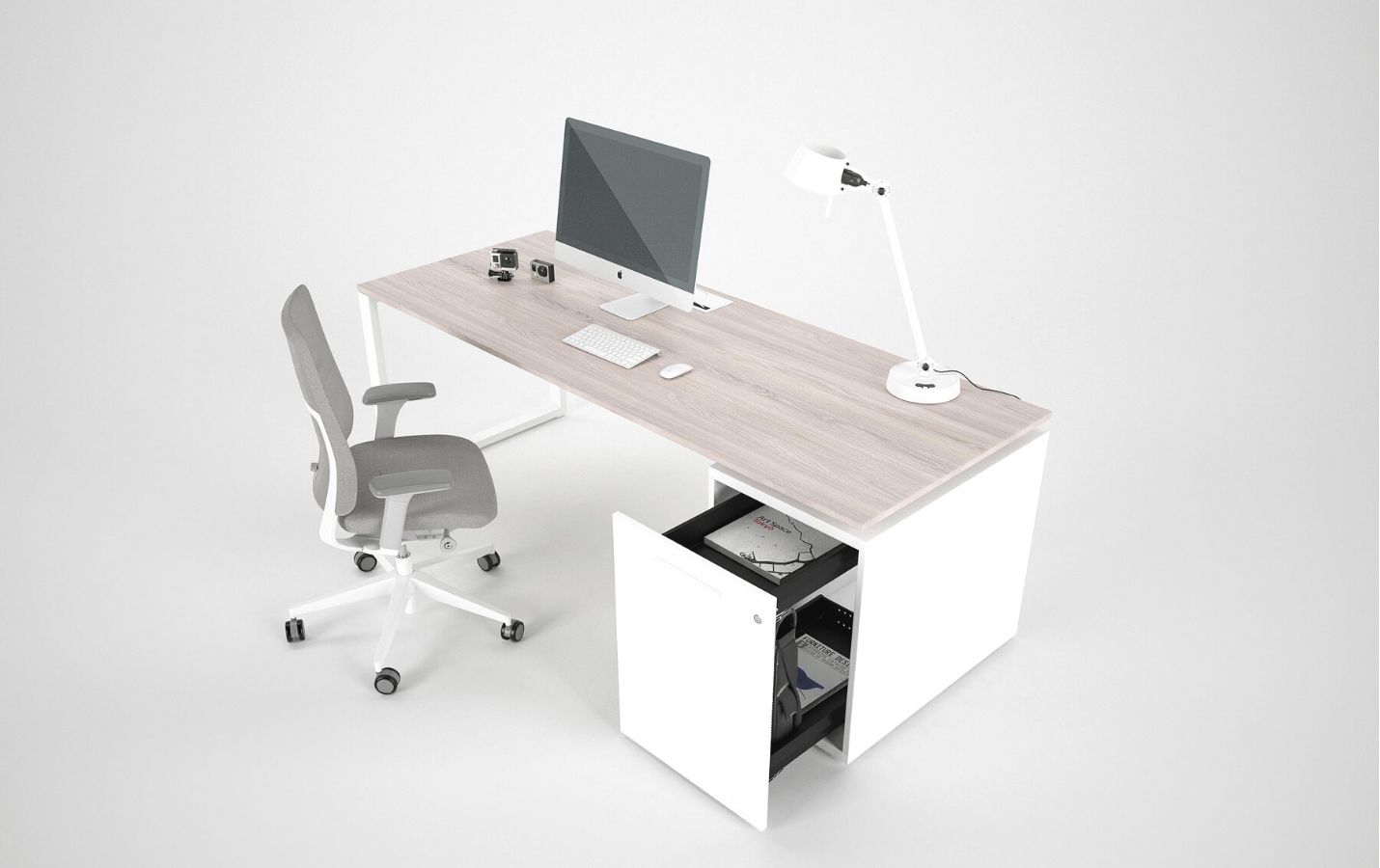 Mesa de trabajo de Modulart Funcional con una cajonera extraíble y un escritorio de tonos claros