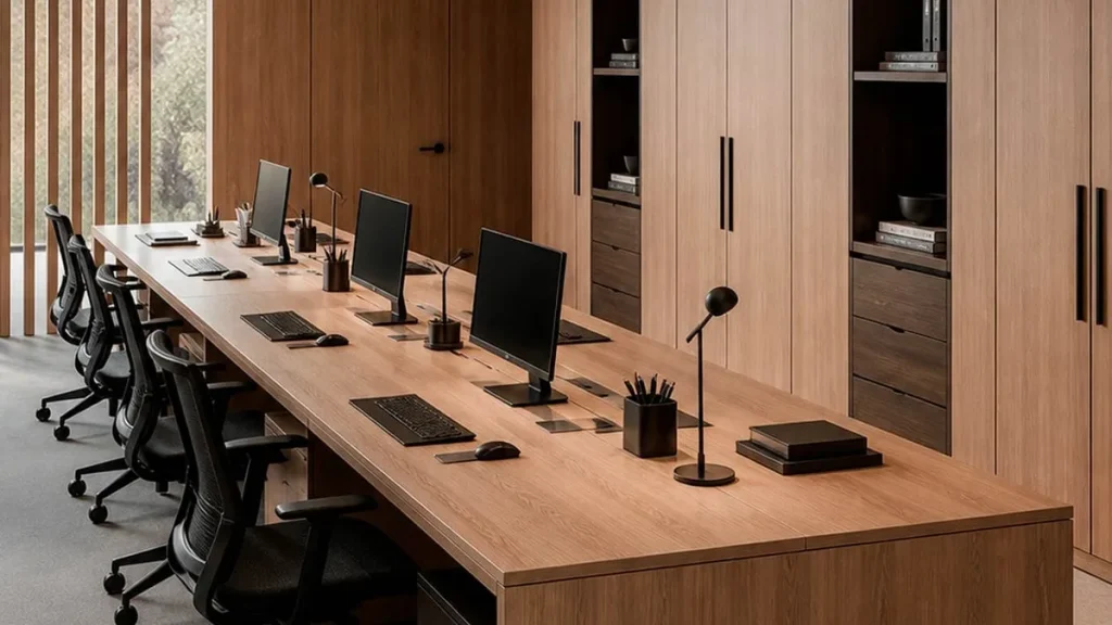 Muebles a medida en Madrid: bancada de puestos de trabajo y muro de almacenaje de madera en una oficina