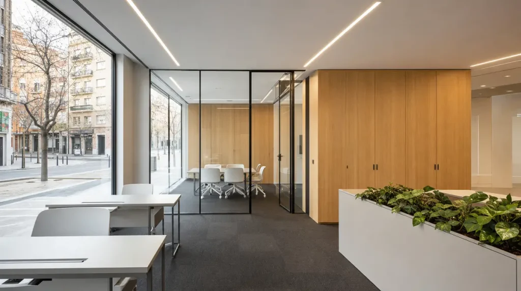 Reforma de local comercial en Madrid: local a pie de calle convertido en oficina con mamparas de vidrio y carpintería de roble