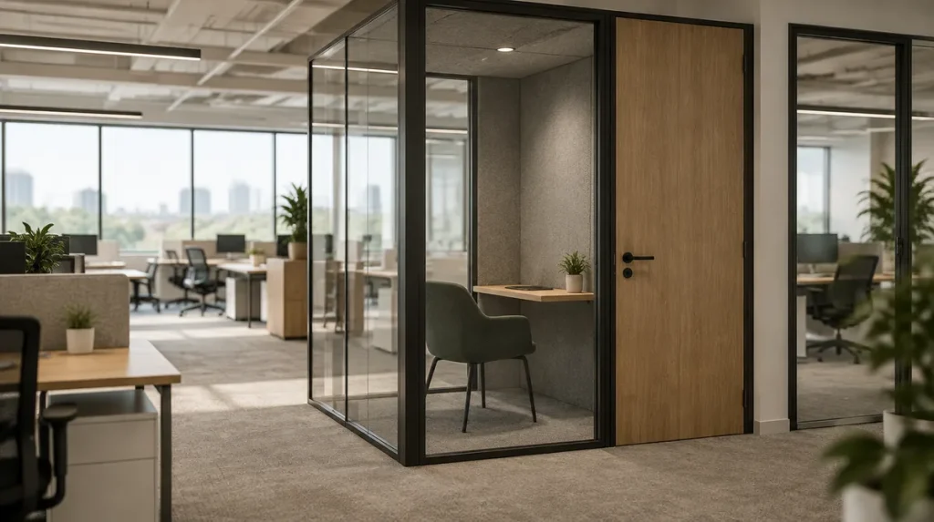 Cabinas acústicas para oficina: sala de llamadas individual con mampara de doble vidrio, perfilería negra, puerta de madera y fieltro acústico interior en una planta abierta