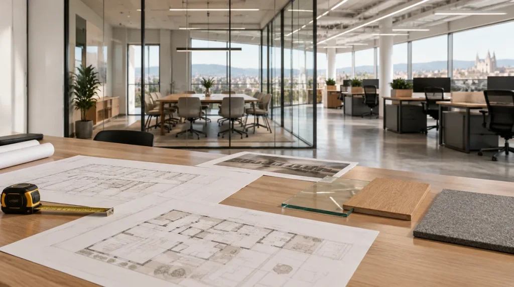 Diseño de oficinas: planos de distribución y muestras de vidrio, madera y fieltro acústico sobre la mesa, con sala de reuniones acristalada al fondo