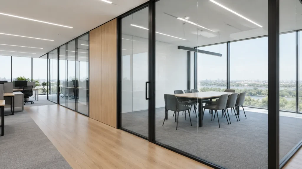 Mamparas de cristal para oficinas de suelo a techo con perfilería de aluminio lacado negro, panel opaco de melamina y sala de reuniones acristalada al fondo