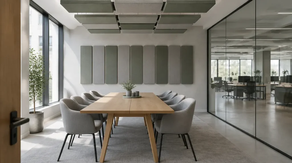 Paneles acústicos para oficina en techo y pared de una sala de reuniones con mampara de vidrio
