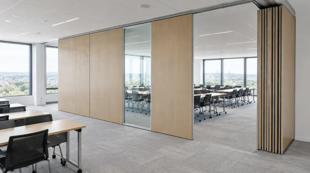 Tabique móvil de madera con panel acristalado dividiendo una sala de formación, con los paneles aparcados junto a la pared