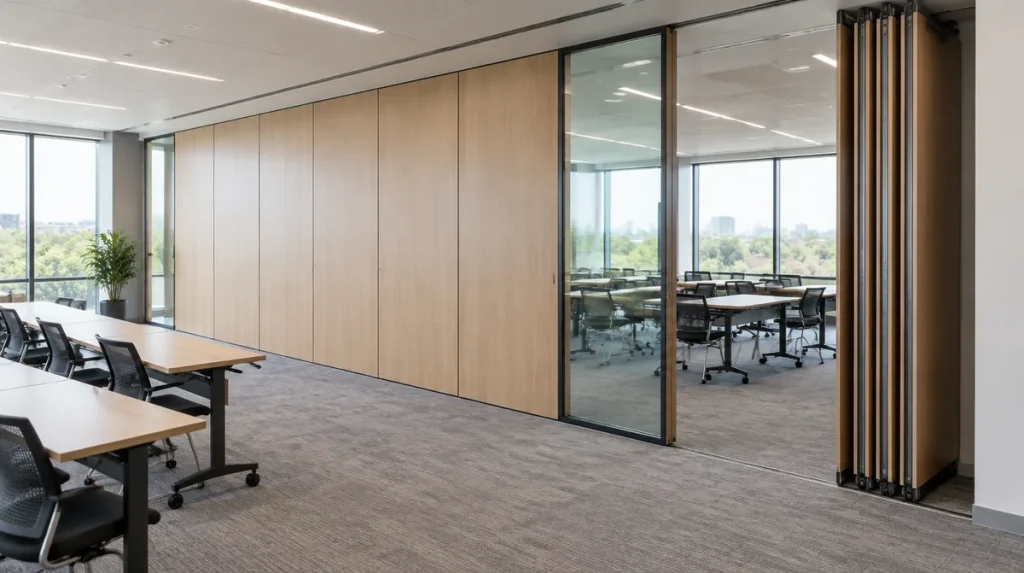 Tipos de tabiques móviles para oficinas: tabique de paneles de madera con módulo de vidrio dividiendo una sala de formación y paneles aparcados en un extremo